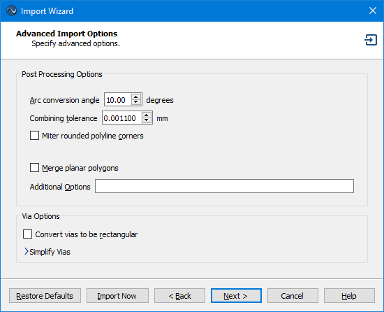 Advanced Import Options page