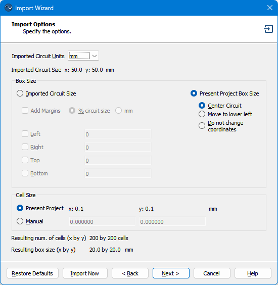 Import Options page