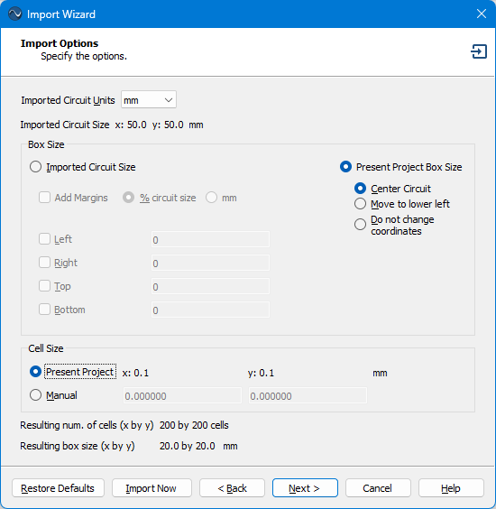 Import Options page