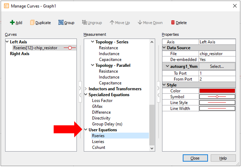 Manage Curves Dialog Box Showing User Equations