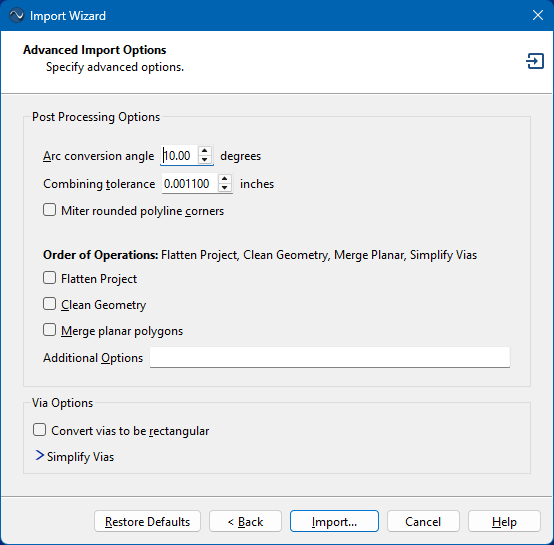 Advanced Import Options page
