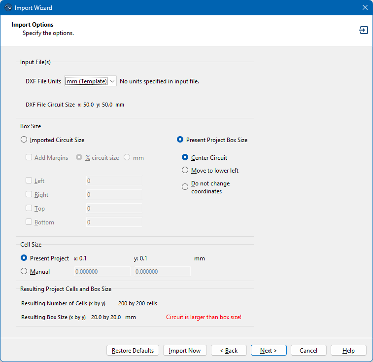Import Options page
