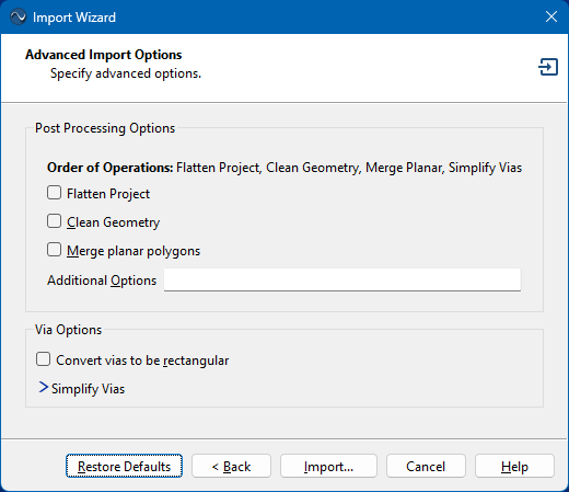 Advanced Import Options page