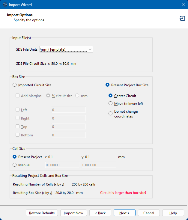 Import Options page
