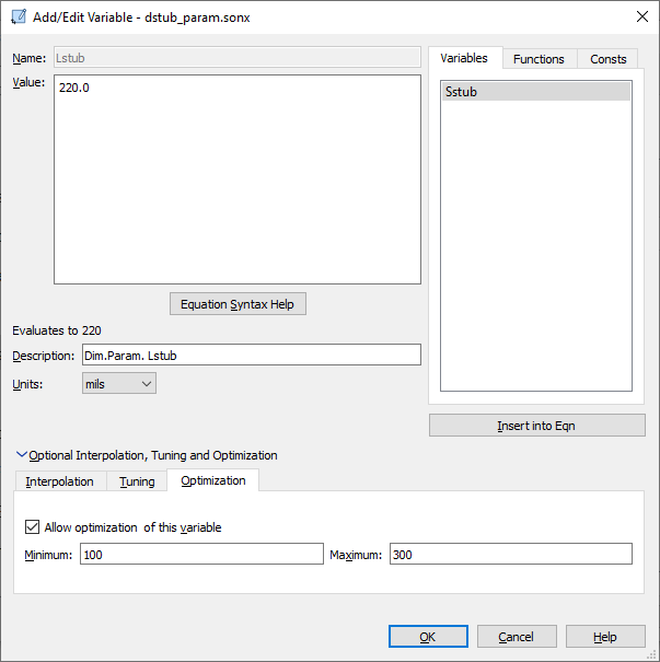 Variable dialog box